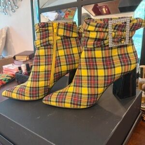 Yellow Plaid Pointed Toe Ankle Booties with Buckle Detail